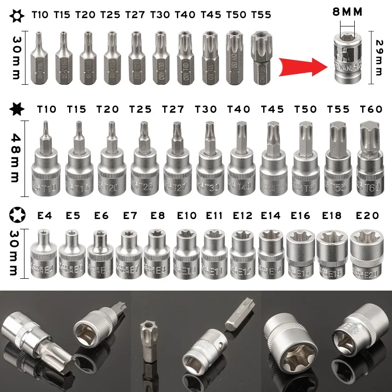 Torx & E-Torx Socket Set 34 pieces – T10 to T60 / E4 to E20