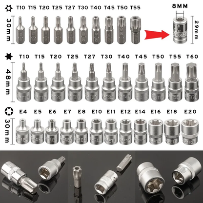 Torx & E-Torx Socket Set 34 pieces – T10 to T60 / E4 to E20