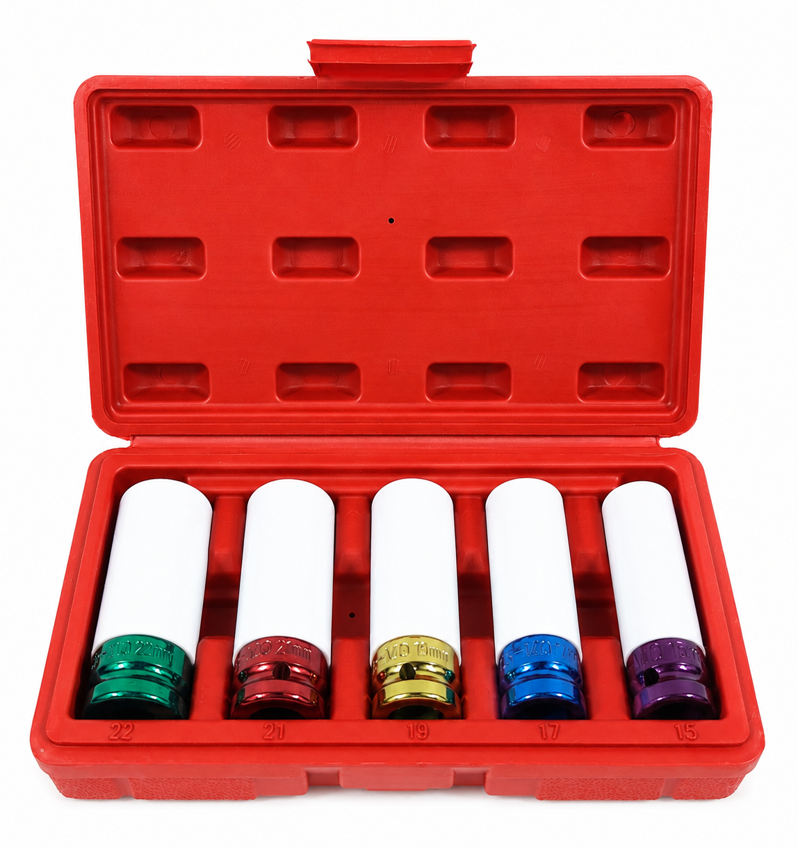 Coffret ouvert de 5 douilles à choc pour jantes alu de 15 à 22 mm
