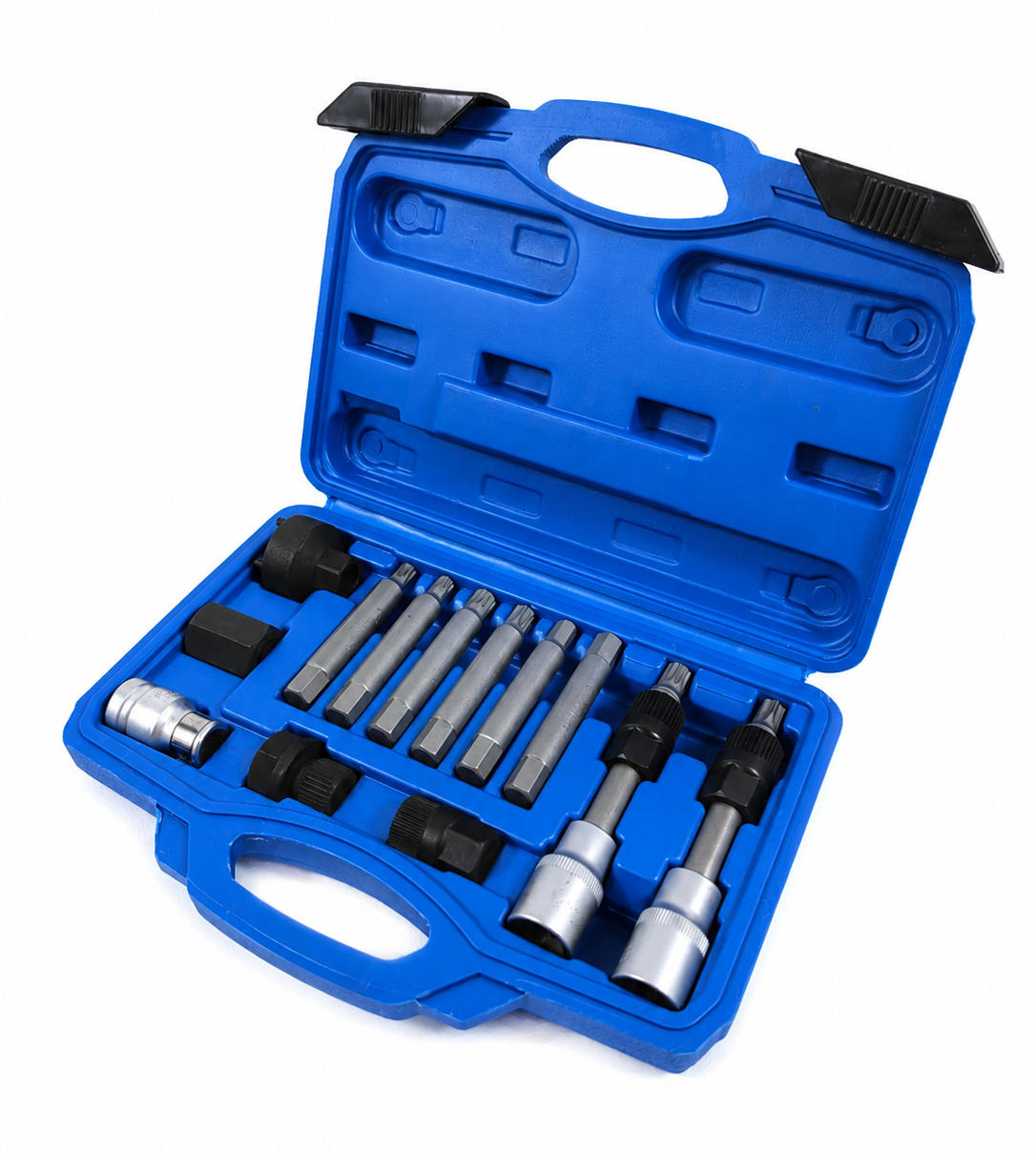 Coffret extracteur de poulie débrayable d’alternateur présenté ouvert en vue inclinée