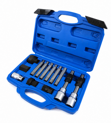 Coffret extracteur de poulie débrayable d’alternateur présenté ouvert en vue inclinée