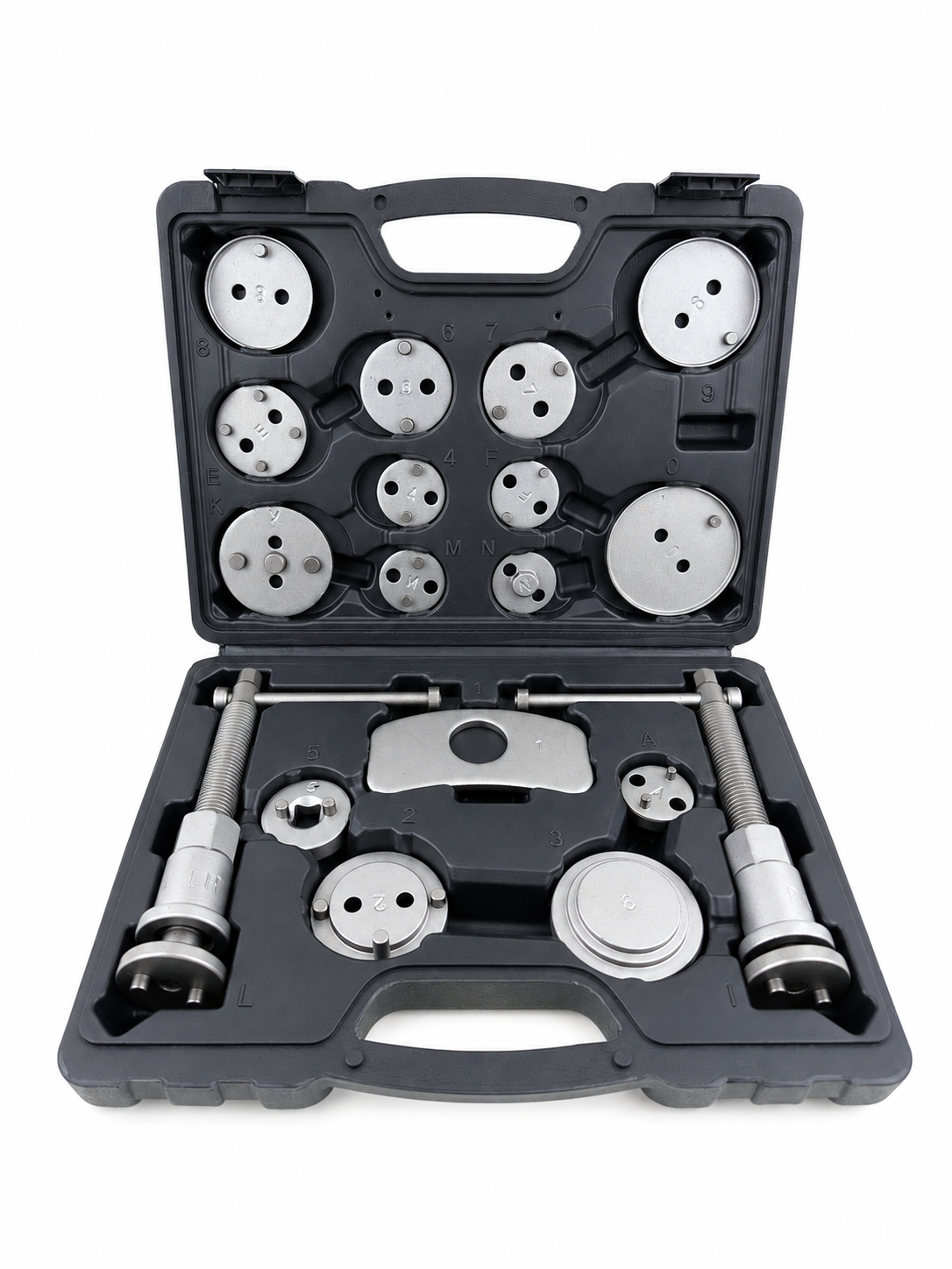Coffret repousse-piston d’étrier de frein universel 18 pièces présenté ouvert