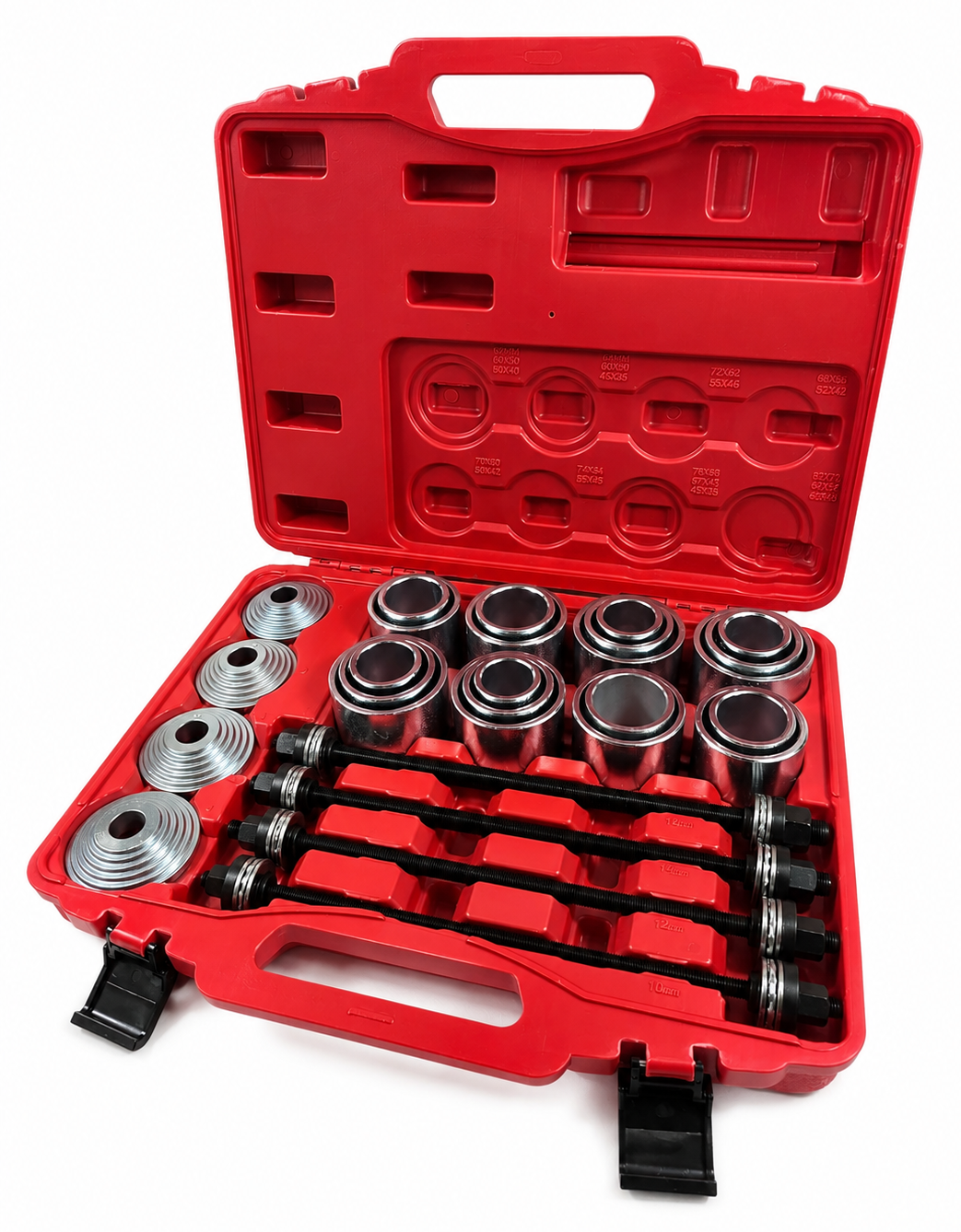 Kit d’extracteur de silent bloc et roulement de roue 28 pièces présenté dans son coffret ouvert