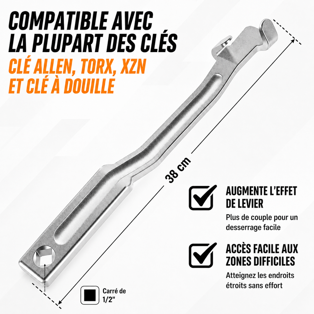 Multiplicateur de force pour clé de 38 cm avec carré 1/2 pouce et indications de compatibilité