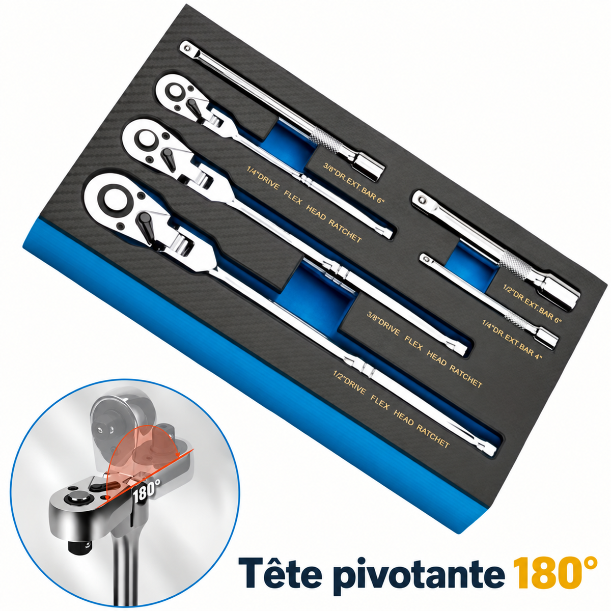 Coffret de cliquets à tête articulée et rallonges – 6 pièces